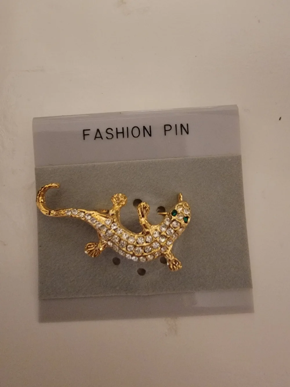 Gold-tone Crystal Lizard Brooch with Green Eyes